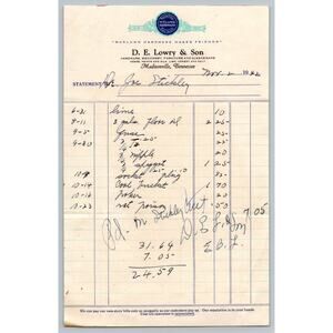 1942 D.E. Lowry & Son Madisonville TN Hardware Store Invoice Ephemera WWII Era